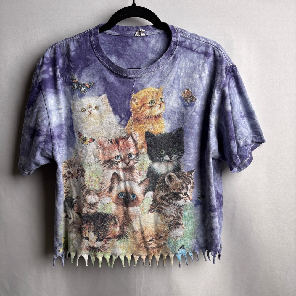 Purple Tie Dye Cat Kitten Graphic T-Shirt Fringed Hem Distressed Grunge Quirky L